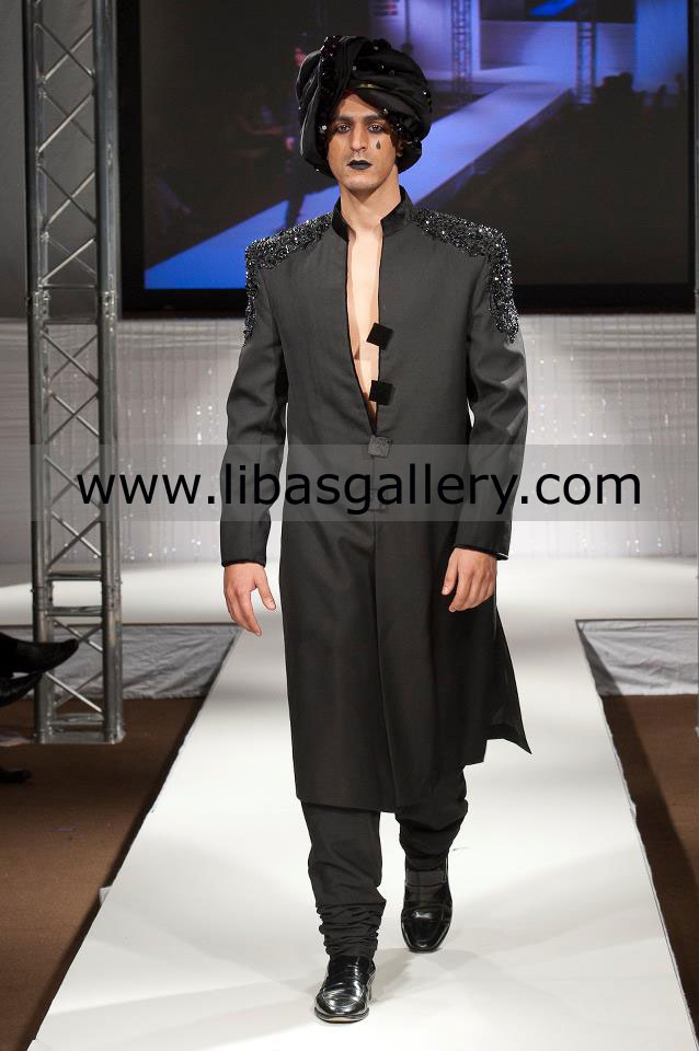 Black velvet collar wedding sherwani for groom hand work on shoulder and arms saudi arabia dubai qatar 