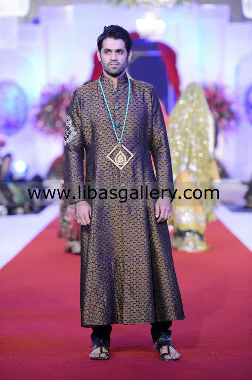 long gown style jamawar groom sherwani ankle length hand work motif on arm UK USA Canada Australia Dubai
