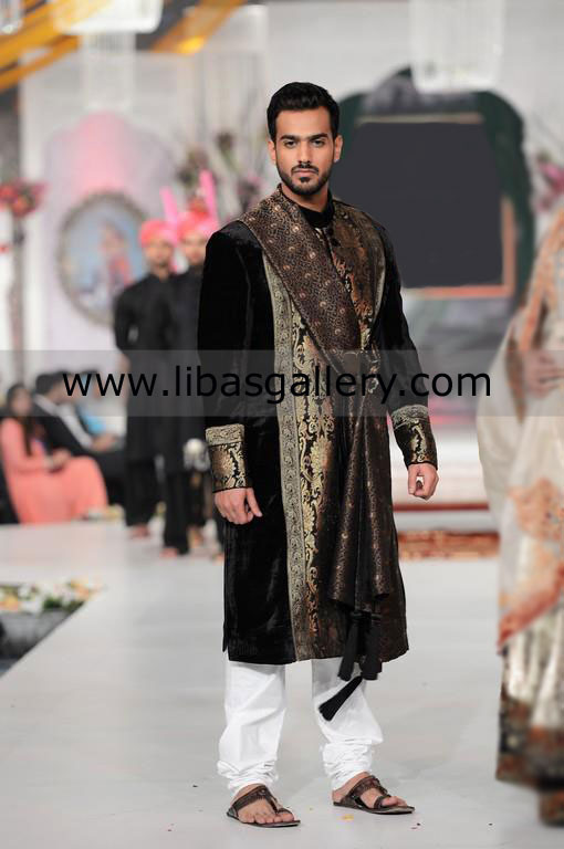 special design black wedding sherwani having jamawar cuff embellished for groom glasgow liverpool UK