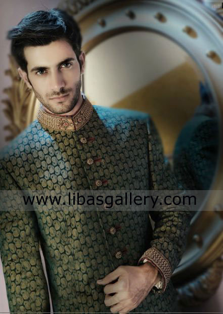 Green jamawar Sherwani by Amir adnan hand work on collar and cuf for groom UK USA Canada 