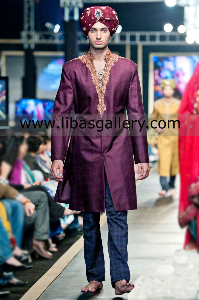 Purple color V neck style wedding sherwani for groom antique hand work Qatar Kuwait Saudi Arabia