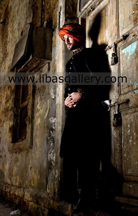 black wedding sherwani for soft spoken groom of noble family enjoy nikah barat UK USA Dubai Canada Australia