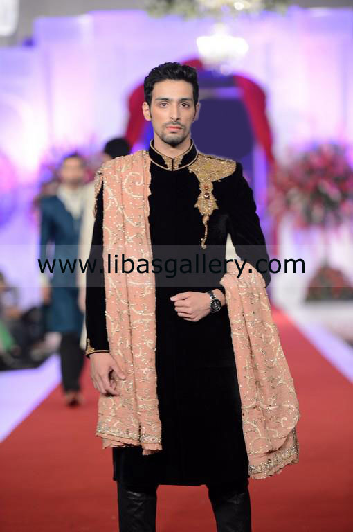 velvet sherwani with gold motif from hand work on left panel of sherwani buy online glasgow edinburgh scotland 