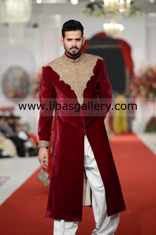 Designer Sherwani suit for Celebrity Indo Western style velvet sherwani Suits Dallas New York Miami USA