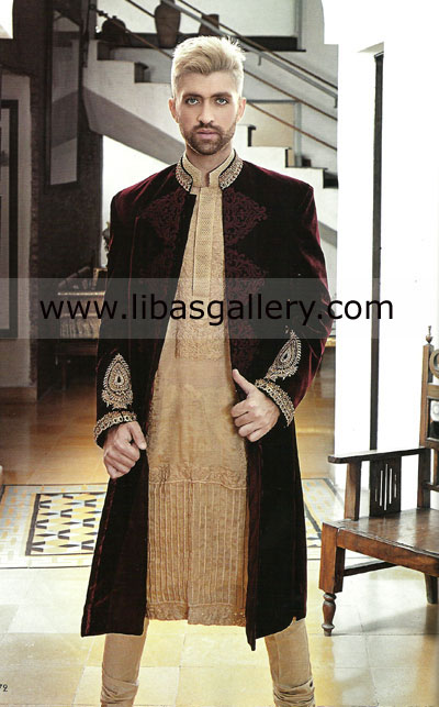 Velvet Embroidered Sherwani for Groom Pakistani Designer Velvet Sherwani Embroidered UK,USA,Canada,Dubai,India,Norway