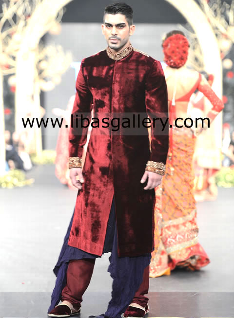 Designer HSY Maroon Velvet Top Class Groom Sherwani custom made fancy hand work Los Angeles California USA