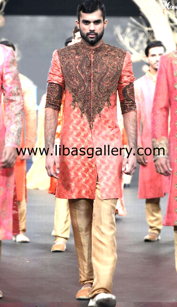 HSY Sherwani black work on front and sleeves short length for Mehndi Nikah with pants  Oak Tree Road New York NY US