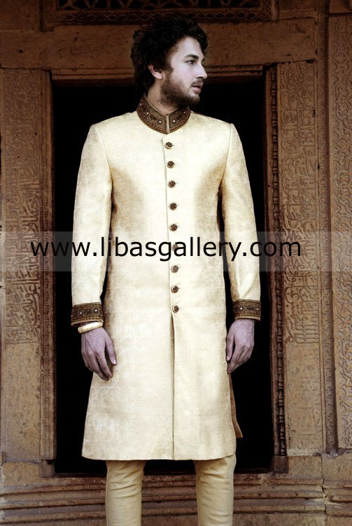 Rosaceae Ethnic wear groom sherwani for barat and nikah light shade antique work South Dakota North Dakota USA