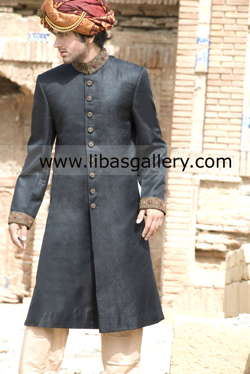 dark gray wedding sherwani for groom jamawar top class fabric Antique work collar cuff London Birmingham USA