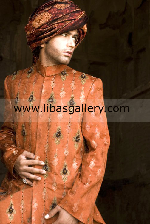 Tangerine shade groom sherwani black gold booti hand work all over front Bristol Edinburgh UK