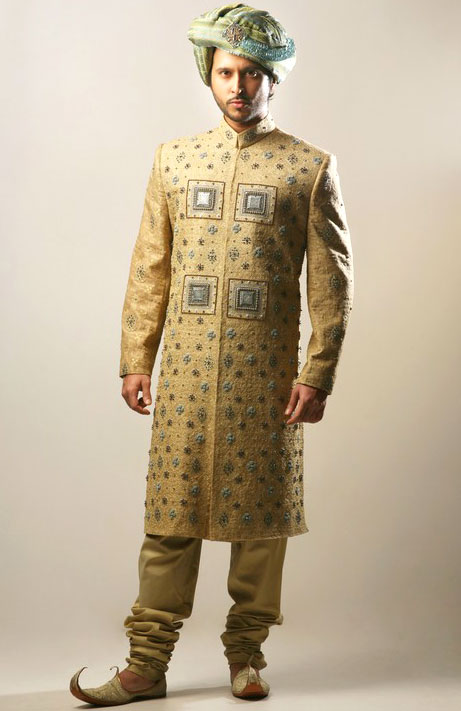 Pakistani nikah sherwani golden color eye catching hand work with churidar and kurta Cambridge Sheffield UK