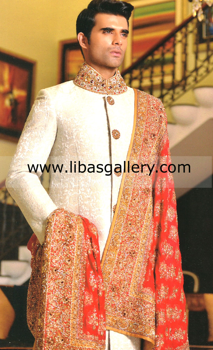 off white karandi groom wedding sherwani hand work on collar fancy buttons UK USA Canada