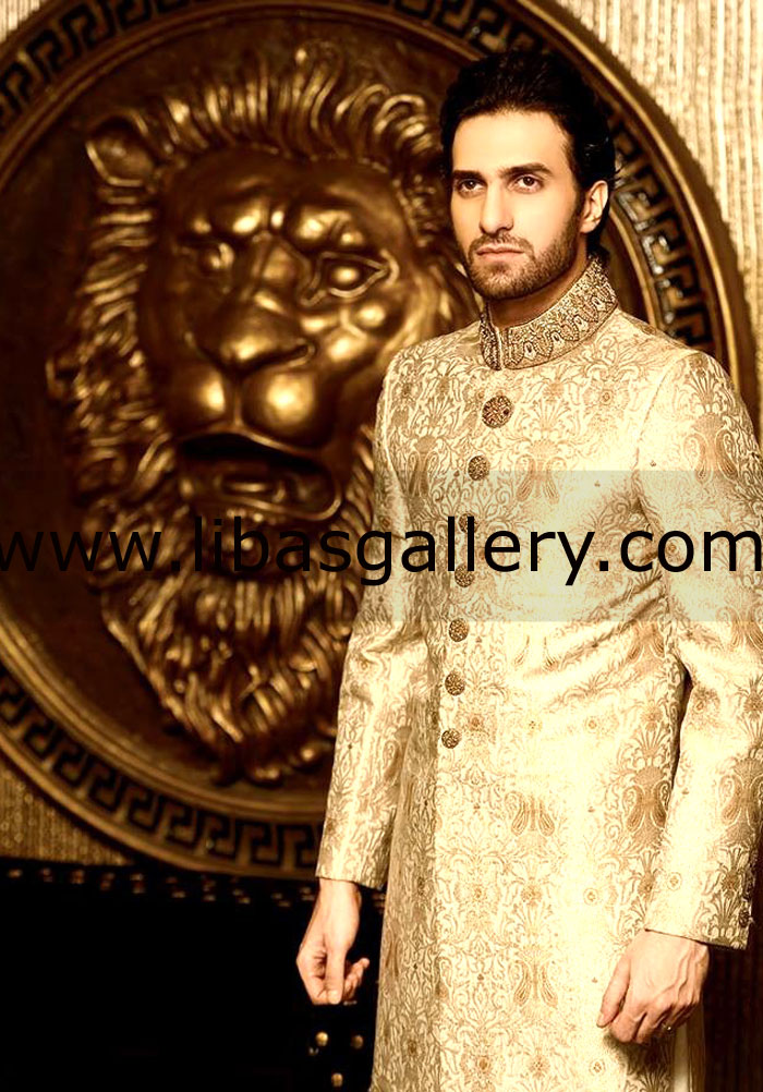 Emmad irfani actor TV presenting groom jamawar sherwani golden with antique work on collar Europe Asia South Africa Emmad irfani actor TV presenting groom jamawar sherwani golden with antique work on collar Europe Asia South Africa