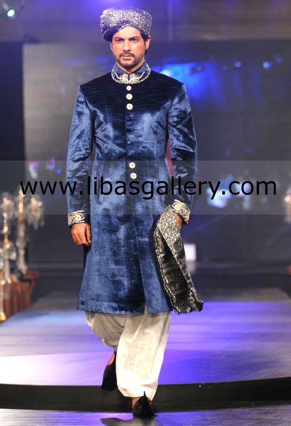 velvet sherwani for groom dark blue with silver hand work best for barat nikah UK USA Canada velvet sherwani for groom dark blue with silver hand work best for barat nikah UK USA Canada