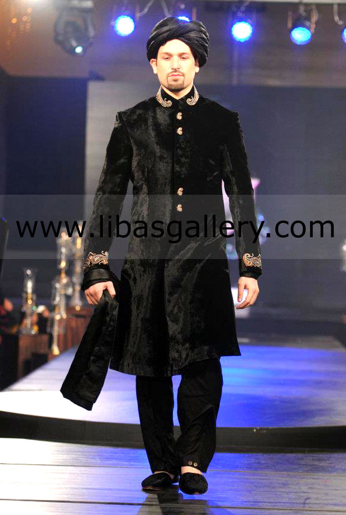 black velvet wedding sherwani work on collar and cuff best for cold weather location Ac Wedding Hall Banquet UK USA Canada black velvet wedding sherwani work on collar and cuff best for cold weather location Ac Wedding Hall Banquet UK USA Canada