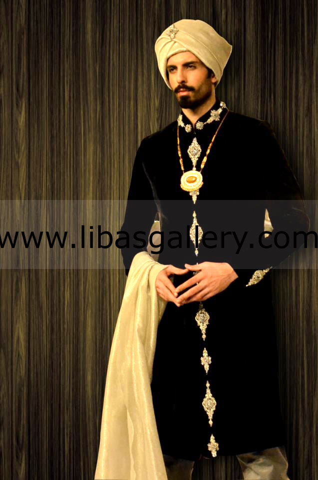 black velvet groom sherwani for well educated groom who is coming back to parents country for nikah india pakistan bangladesh