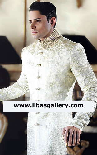 off white karandi sherwani pearl and stones fancy type stitching by needle thread buy online Louisville Jacksonville USA