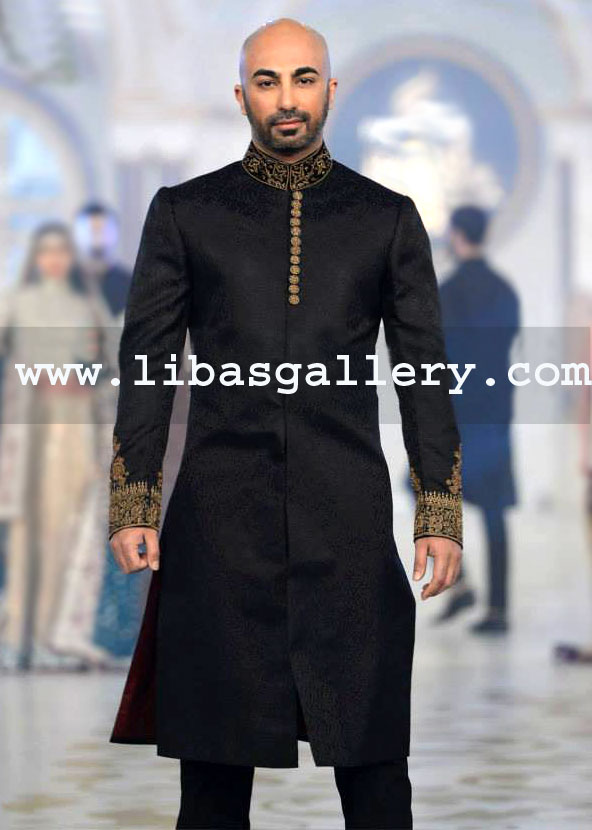 HSY brand Pakistani Wedding Sherwani black with Antique neat and clean hand work New Jersey Chicago USA