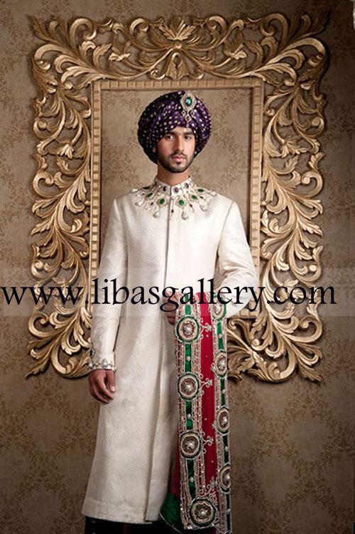 White Sherwani Swarovski and stones work Gold Embellishment Royal pre tied turban khussa UK USA Canada