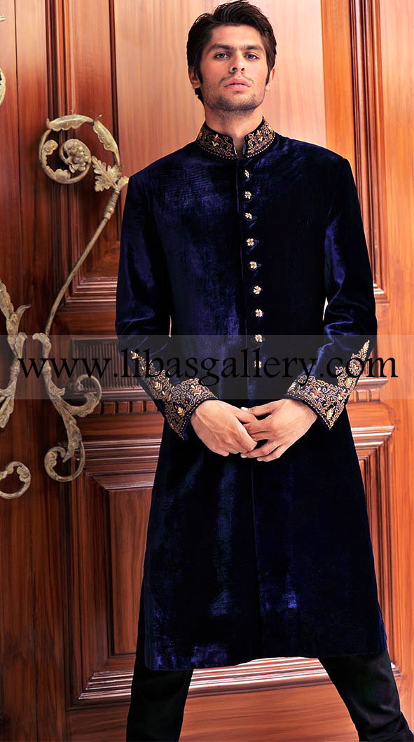 Shop latest men`s Hottest Sherwani dresses, wedding Heavy Embroidered Sherwani apparel and Groom occasion dresses online in UK USA Canada Pakistan India Australia Saudi Arabia Norway Sweden Scotland Dubai Behrain Qatar