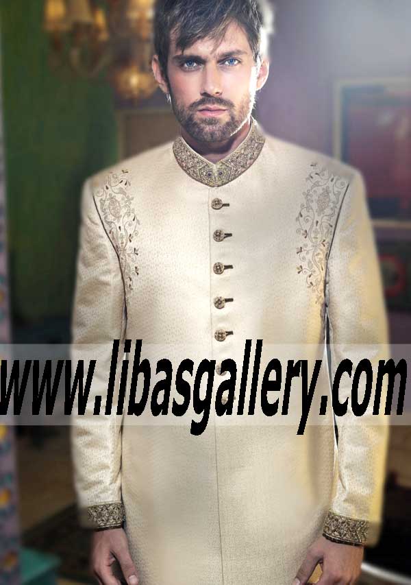 Amir Adnan White Jamawar Mens Sherwani Online Designer Groom Sherwani Online Buy Designer Amir Adnan Sherwani Collection Roanoke Virginia VA US