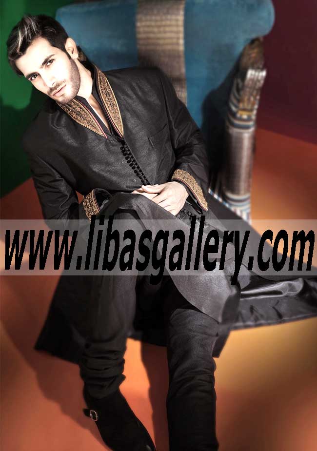 Amir Adnan Black Raw silk wedding Sherwani | Buy Wedding Sherwani New South Wales Australia Amir Adnan Black Raw silk wedding Sherwani | Buy Wedding Sherwani New South Wales Australia