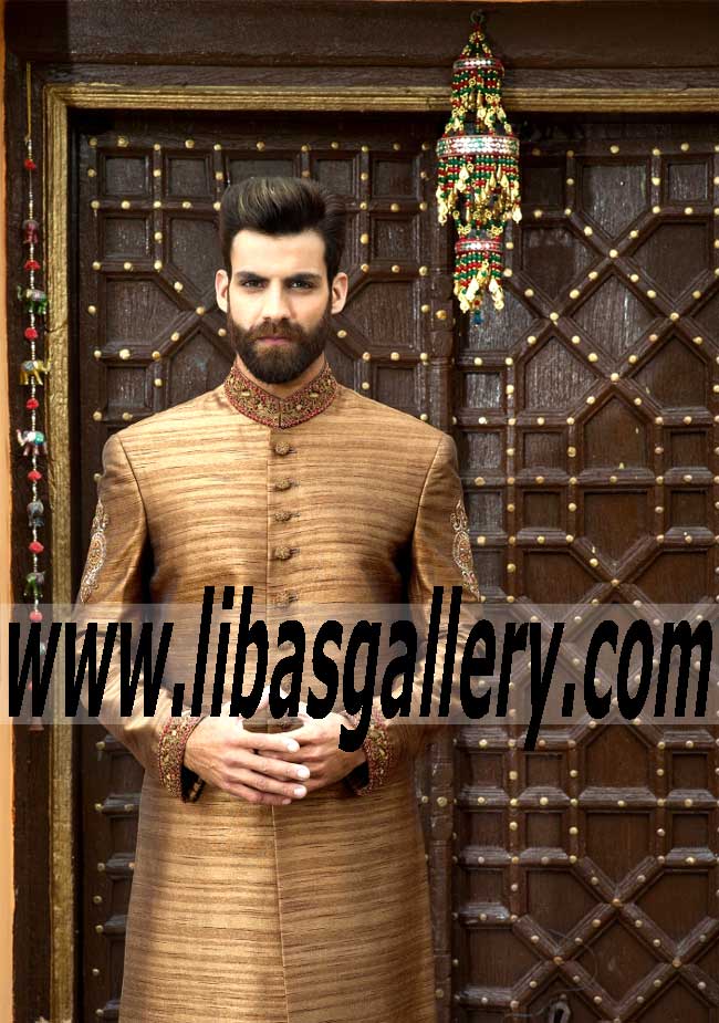 Amir Adnan Burly wood Sherwani Design buy Online Wedding Sherwani for groom Dubai UAE