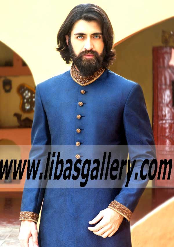 Amir Adnan blue self jamawar groom Sherwani style for barat nukah day USA UK Canada