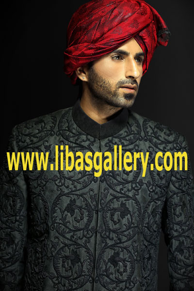 Cream Fabric sherwani Self Print 100% pure Jamawar Cream self print jamawar sherwani features rich quality embellishments on sleeves shoulders and collar Fancy button closure 2015 2016