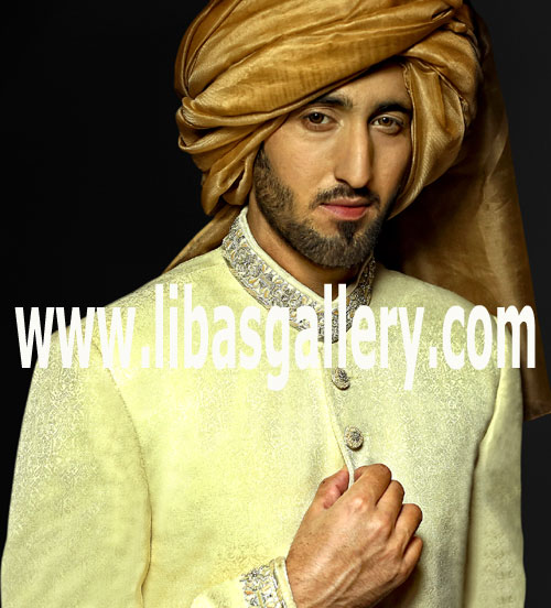 Rich Quality hand embellishment on self jamawar fabric groom sherwani pale goldenrod add pre tied turban on additional price Oregon Wisconsin USA