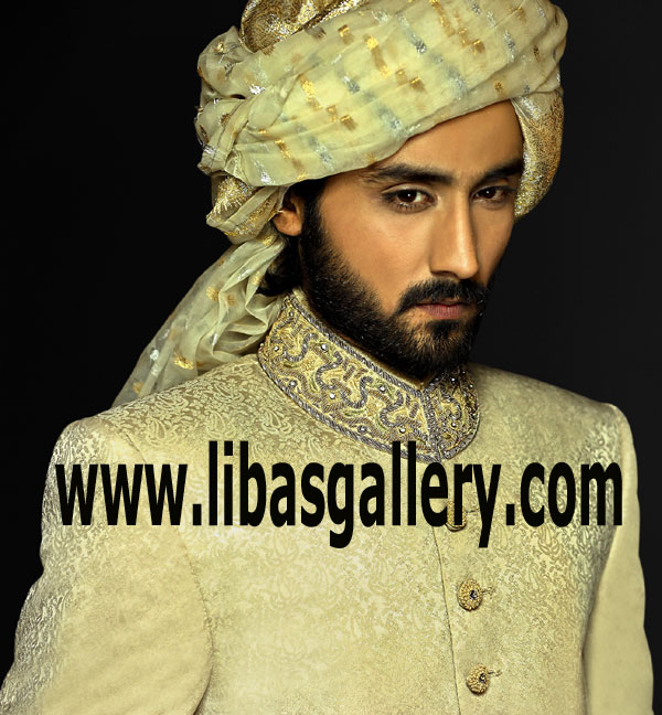 Pale gldenroad jamawar groom sherwani rich level hand embellishment on collar and turban pre tied on additional money Texas Washington USA