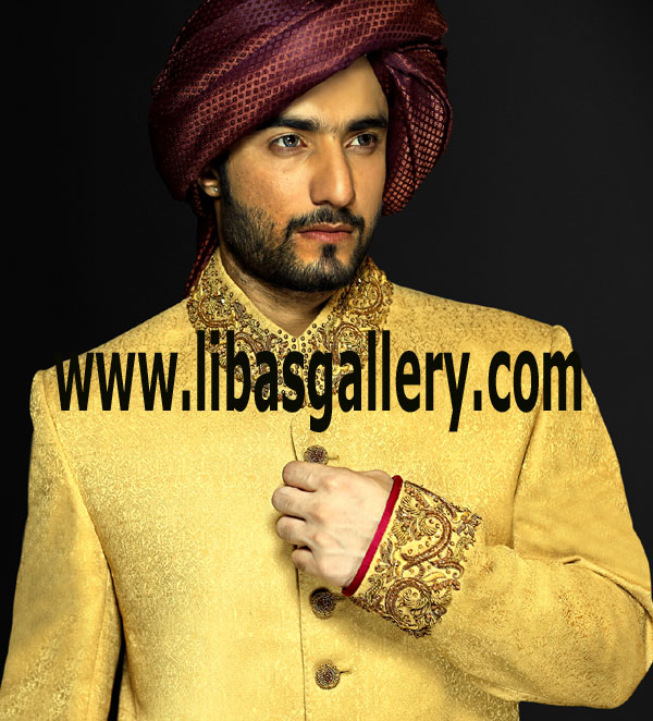 yellow self jamawar embellished sherwani for groom nikah barat and pre tied turban on additional price  Louisiana Mexico USA