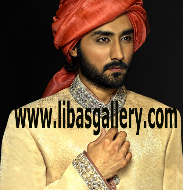 Self print jamawar medium champage groom sherwani for barat nikah order pre tied turban on nominal price Toronto Vancouver Canada