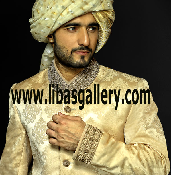 medium champage jamawar amazing groom sherwani late barat arrival at wedding hall book turban Halifax Victoria Canada