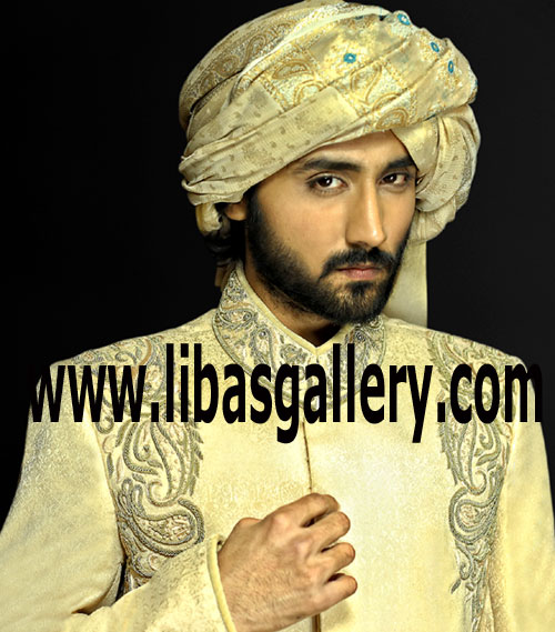 Gorgeous Wedding sherwani in your town i pastel yellow color self jamawar fabric Seattle Denver USA