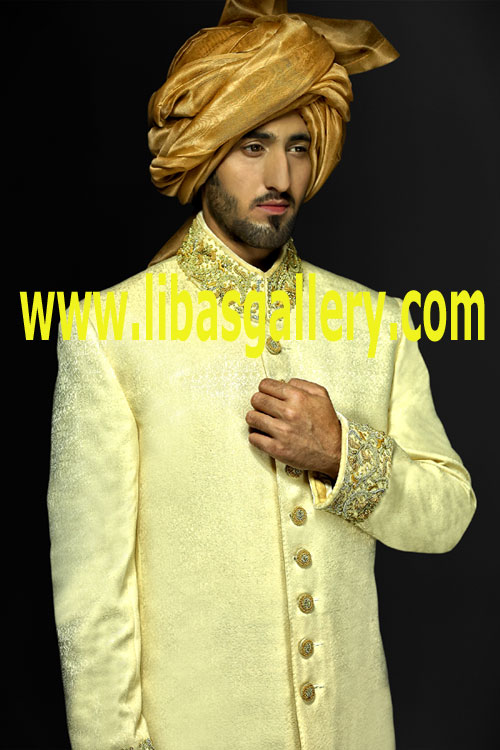 pastel yellow trendy groom sherwani for nikah barat jamawar sleeves collar embellished Denver Colorado USA