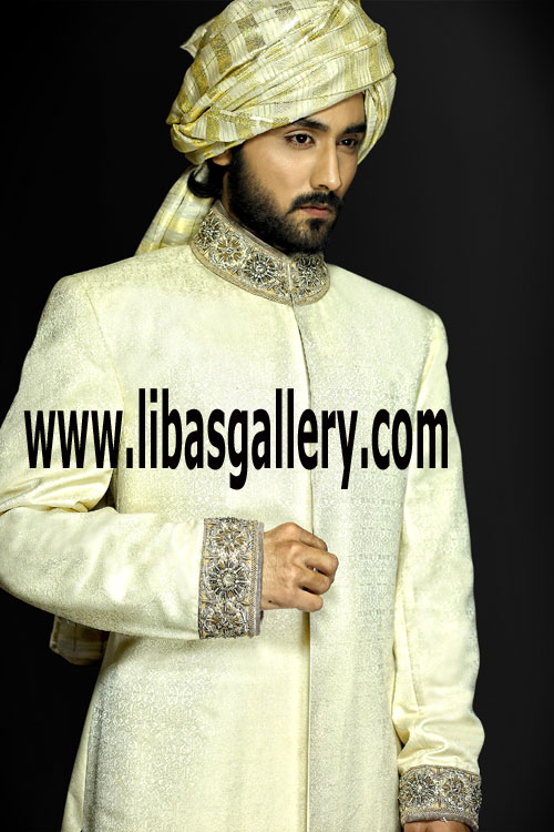 lucky groom selects best seller nikah barat sherwani silver gray hand work jamawar print Washington District of Columbia USA