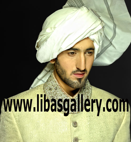 Dashing jamawar wedding sherwani for groom silver work on collar custom made OSLO Bergen Norway 