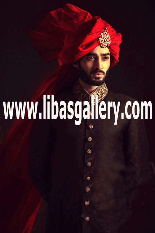 bandhgala style groom sherwani kora dabka work on collar with fancy material fast delivery worldwide Paris Lyon France