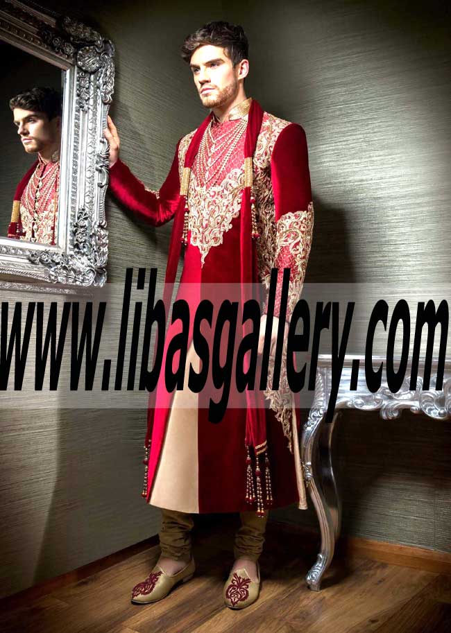Red and Faun Color Royal Embellished Prince Sherwani for Groom 2016 2017 to feel like king of wedding day Perth Australia Red and Faun Color Royal Embellished Prince Sherwani for Groom 2016 2017 to feel like king of wedding day Perth Australia
