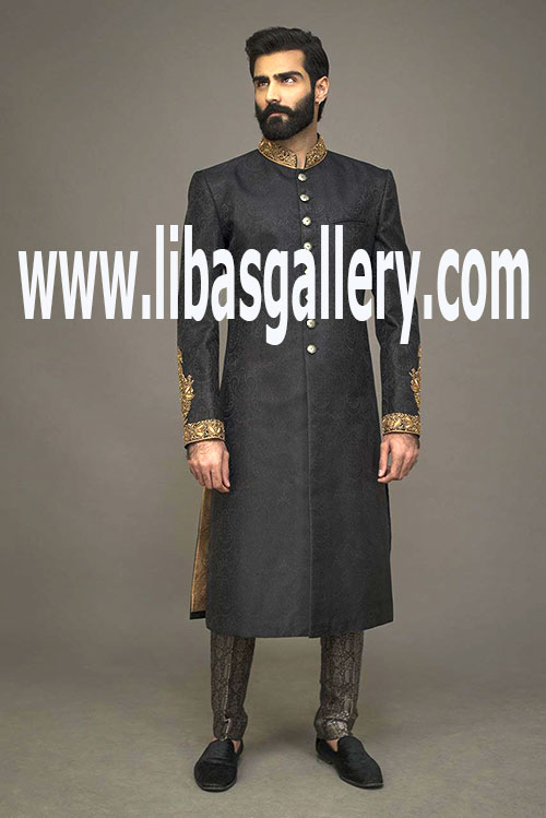 Exclusive Men`s Sherwani in Black Color with pants for Wedding Special day portland Sacramento USA