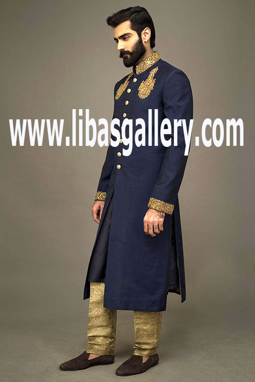 Exclusive Blue Embroidered Sherwani for Groom long length kora dabka stones work City of Westminster london UK Exclusive Blue Embroidered Sherwani for Groom long length kora dabka stones work City of Westminster london UK