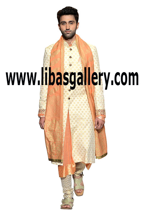 Elegance Groom Sherwani Embellishment on Collar and Sleeves in Jamawar Banarsi highest Quality Fabric Manama Bahrain