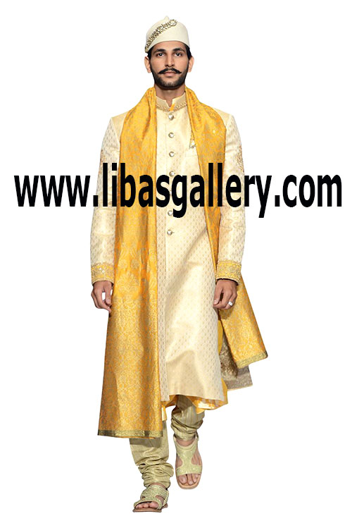 Show stopping Cream Sherwani 2016 2017 in Banarsi Jamawar Fabric for Dulha for Wedding Day Nikah Day Madrid Spain 