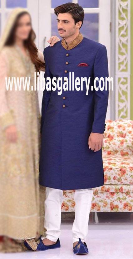Blue Suiting fabric Sherwani Nikah Barat Groom Wedding Dulha UK USA Canada Australia UAE Norway Blue Suiting fabric Sherwani Nikah Barat Groom Wedding Dulha UK USA Canada Australia UAE Norway