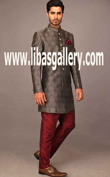 Pure Jamawar Sherwani Short Length Grey Color with Maroon Trouser Pajama for Wedding and Royal Family Riyadh Saudi Arabia Pure Jamawar Sherwani Short Length Grey Color with Maroon Trouser Pajama for Wedding and Royal Family Riyadh Saudi Arabia