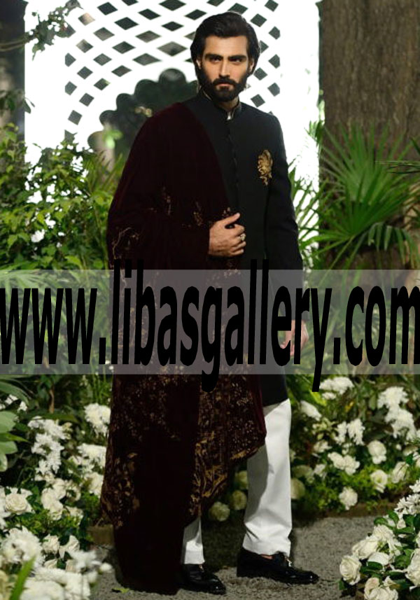 hasnain lehri wearing designer black Sherwani article for groom with velvet maroon shawl UK USA Canada hasnain lehri wearing designer black Sherwani article for groom with velvet maroon shawl UK USA Canada
