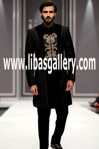 Velvet and Wool Paneled Short Sherwani For Groom for Wedding and Occasion Events UK,USA,Canada,Dubai,Australia 