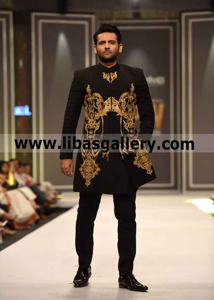 Baroque inspired short sherwani gold Embroidery for Groom Dulha Nosha UK,USA,Canada Baroque inspired short sherwani gold Embroidery for Groom Dulha Nosha UK,USA,Canada