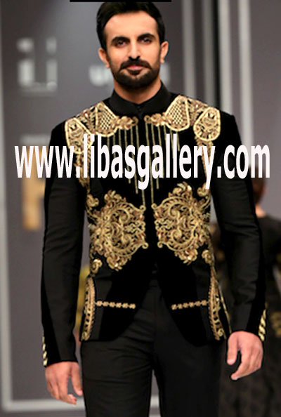 Velvet and wool paneled Short jacket Sherwani Coat with gold thread embroidery and velvet pants for Groom UK,USA,Canada,Australia,Netherland Velvet and wool paneled Short jacket Sherwani Coat with gold thread embroidery and velvet pants for Groom UK,USA,Canada,Australia,Netherland
